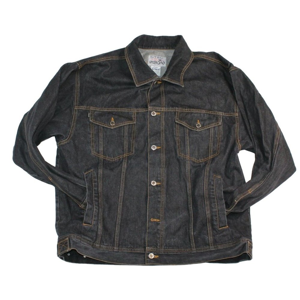 HUNCHO USA XL Black Denim Hip Hop Streetwear Prison Yard Embroidered Jean Jacket - Picture 4 of 12